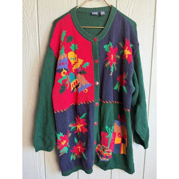 Vintage 90s Honors Plus Christmas Cardigan Sweater 22W/24W Poinsettia & Gift - Picture 1 of 7